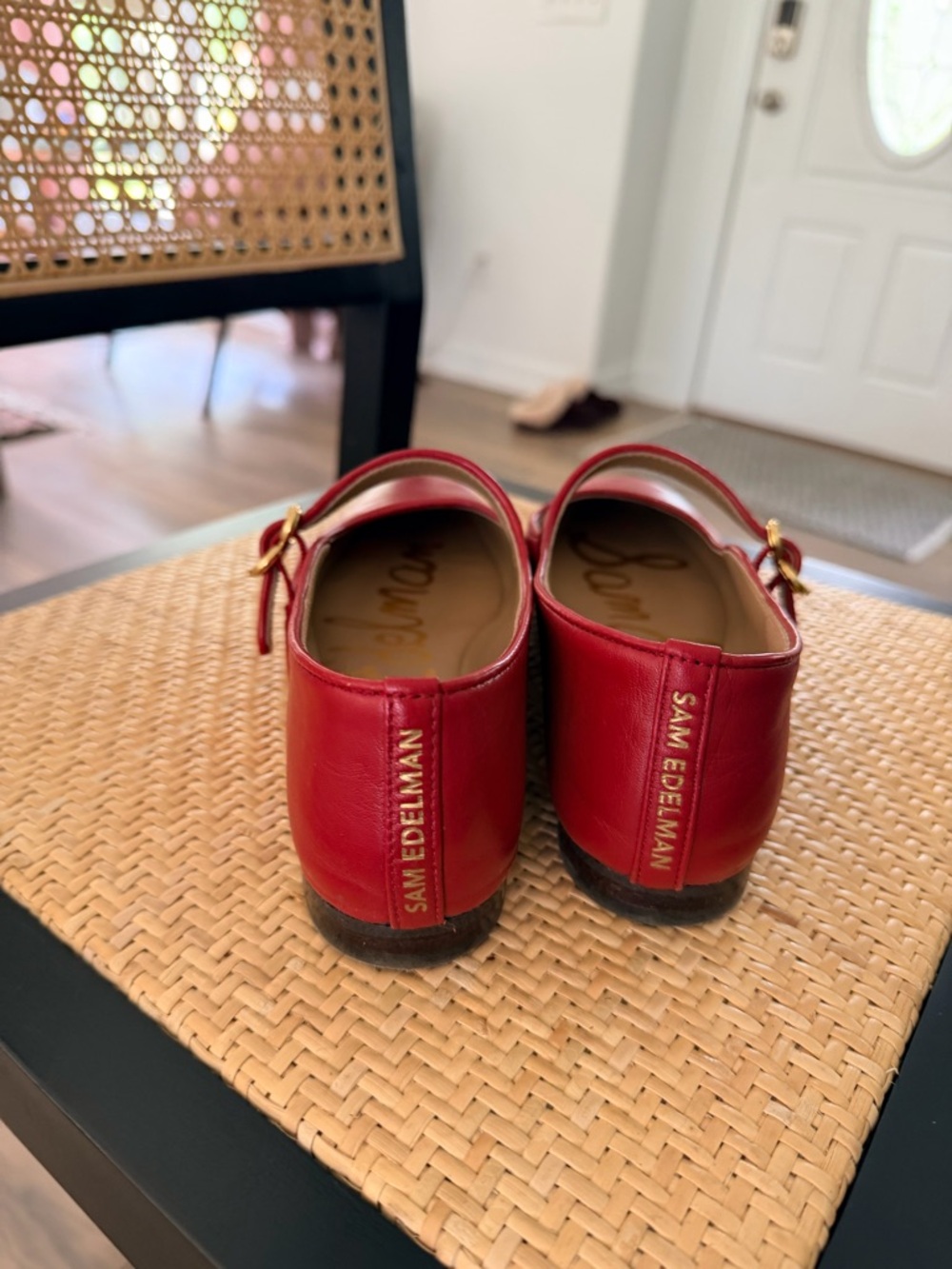 Sam Edelman Red Leather Mary Jane Flats with Gold Buckle - Picture 4 of 7